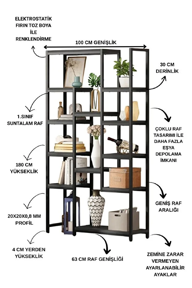 12 Raflı Metal İskeletli Kitaplık Çok Amaçlı Aksesuar Rafı Düzenleyici Raf